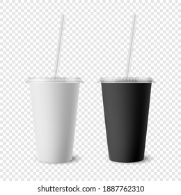 Vector 3d Realistic White, Black Paper Disposable Cup Set with Lid, Straw for Beverage, Drinks Isolated. Coffee, Soda, Tea, Cocktail, Milkshake. Design Template of Packaging for Mockup. Front View