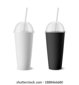 Vector 3d Realistic White, Black Paper Disposable Cup Set with Lid, Straw for Beverage, Drinks Isolated. Coffee, Soda, Tea, Cocktail, Milkshake. Design Template of Packaging for Mockup. Front View