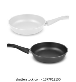 Vector 3d Realistic White and Black Empty Frying Pan Icon Set Isolated on White Background. Design Template for Mockup. Front or Side View
