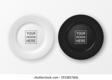 Vector 3d Realistic White and Black Food Empty Blank Porcelain Ceramic Plate Set Closeup Isolated on White Background. Design Template, Mock up. Top View