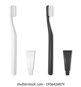 Vector 3d Realistic White and Black Hotel Plastic Blank Toothbrush and Tooth Paste Tube Set Isolated on White. Design Template, Mockup. Dentistry, Healthcare, Hygiene Concept. Tooth Brush, Top View