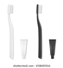 Vector 3d Realistic White and Black Hotel Plastic Blank Toothbrush and Tooth Paste Tube Set Isolated on White. Design Template, Mockup. Dentistry, Healthcare, Hygiene Concept. Tooth Brush, Top View