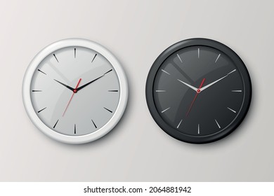 Vector 3d Realistic White and Black Wall Office Clock Set Isolated. White and Black Dial. Design Template of Wall Clock Closeup. Mock-up for Branding. Front View