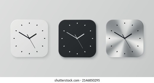 Vector 3d Realistic White, Black and Slver or Chrome Steel Wall Office Clock Icon Set Isolated. Design Template of Wall Clock Face Closeup. Mock-up for Branding and Advertise. Front View