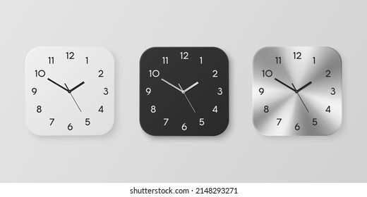 Vector 3d Realistic White, Black and Slver or Chrome Steel Wall Office Clock Icon Set Isolated. Design Template of Wall Clock Face Closeup. Mock-up for Branding and Advertise. Front View