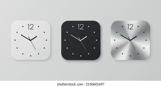 Vector 3d Realistic White, Black and Slver or Chrome Steel Wall Office Clock Icon Set Isolated. Design Template of Wall Clock Face Closeup. Mock-up for Branding and Advertise. Front View