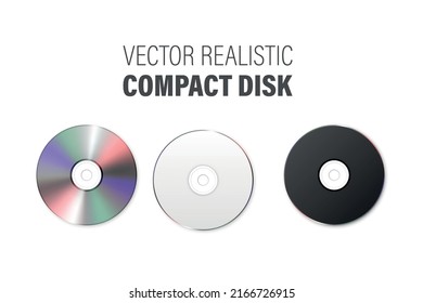 Vector 3d realistische weiße, schwarze und mehrfarbige CD, DVD Set Nahaufnahme isoliert. Vorlage für das Erstellen von CD-Designs für das Mock-up, Kopienraum. Compact Disk Icon, Draufsicht