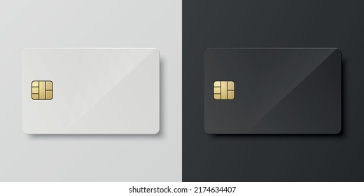 Vector 3d Realistic White And Black Blank Empty Credit Card Set. Plastic Credit, Debit Card Design Template For Mockup, Branding. Credit Card Payment Concept. Top View