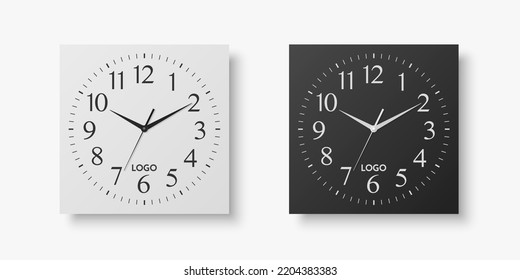 Vector 3d Realistic White, Black Square Wall Office Clock Set, Design Template Isolated on White. Dial with Roman Numerals. Mock-up of Wall Clock for Branding and Advertise Isolated. Clock Face Design