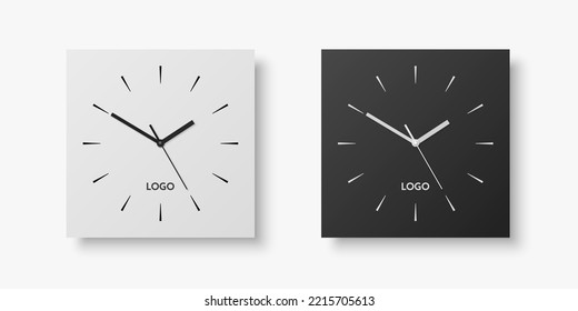 Vector 3d Realistic White, Black Square Wall Office Clock Set, Design Template Isolated on White. Dial with Roman Numerals. Mock-up of Wall Clock for Branding and Advertise Isolated. Clock Face Design