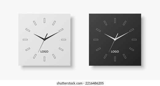 Vector 3d Realistic White, Black Square Wall Office Clock Set, Design Template Isolated on White. Dial with Roman Numerals. Mock-up of Wall Clock for Branding and Advertise Isolated. Clock Face Design