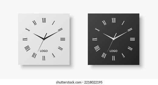 Vector 3d Realistic White, Black Square Wall Office Clock Set, Design Template Isolated on White. Dial with Roman Numerals. Mock-up of Wall Clock for Branding and Advertise Isolated. Clock Face Design