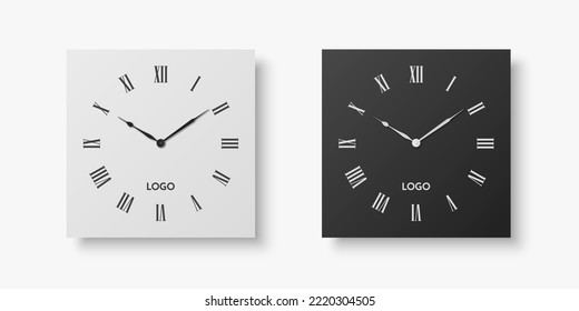 Vector 3d Realistic White, Black Square Wall Office Clock Set, Design Template Isolated on White. Dial with Roman Numerals. Mock-up of Wall Clock for Branding and Advertise Isolated. Clock Face Design