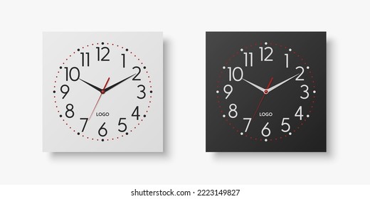 Vector 3d Realistic White, Black Square Wall Office Clock Set, Design Template Isolated on White. Dial with Roman Numerals. Mock-up of Wall Clock for Branding and Advertise Isolated. Clock Face Design