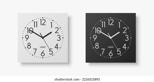 Vector 3d Realistic White, Black Square Wall Office Clock Set, Design Template Isolated on White. Dial with Roman Numerals. Mock-up of Wall Clock for Branding and Advertise Isolated. Clock Face Design
