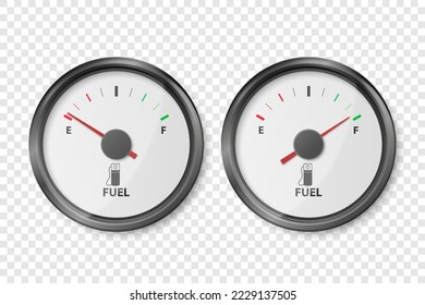 Vector 3d Realistic White and Black Gas Fuel Tank Gauge, Oil Level Bar Set Isolated. Full and Empty. Car Dashboard Details. Fuel Indicator, Gas Meter, Sensor. Design Template