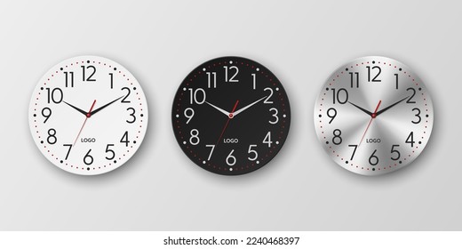 Vector 3d Realista Blanco, Negro, Plata Muro Redondo Despacho Conjunto Icono De Reloj, Plantilla De Diseño Aislado. Marcado, maqueta del reloj de pared para promoción de marca y publicidad aislada. Diseño de la cara de reloj