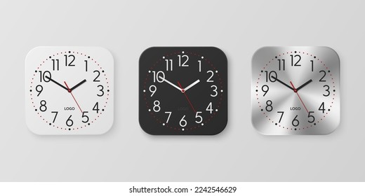 Vector 3d Realistic White, Black, Silver Square Wall Office Clock Icon Set, Design Template Isolated. Dial, Mock-up of Wall Clock for Branding and Advertise Isolated. Clock Face Design