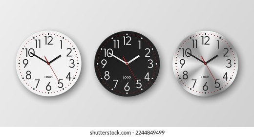 Vector 3d Realistic White, Black, Silver Round Wall Office Clock Icon Set, Design Template Isolated. Dial, Mock-up of Wall Clock for Branding and Advertise Isolated. Clock Face Design