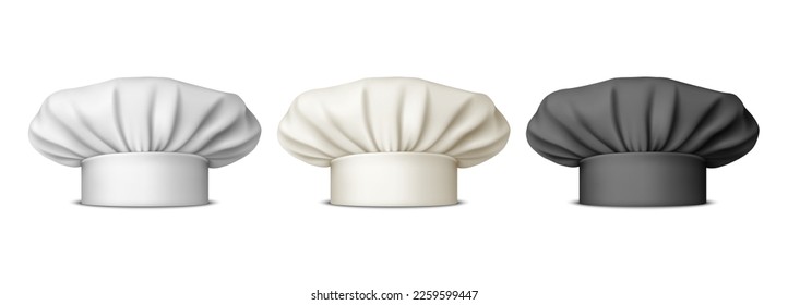 Vector 3d Realistic White and Black Chef Hat, Toque Icon Set. Cook, Baker Chef Caps Design Template. Bakery, Restaurant, Kitchen Uniform. Cotton Hats, Professional Clothes