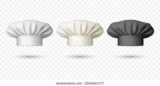 Vector 3d Realistic White and Black Chef Hat, Toque Icon Set. Cook, Baker Chef Caps Design Template. Bakery, Restaurant, Kitchen Uniform. Cotton Hats, Professional Clothes