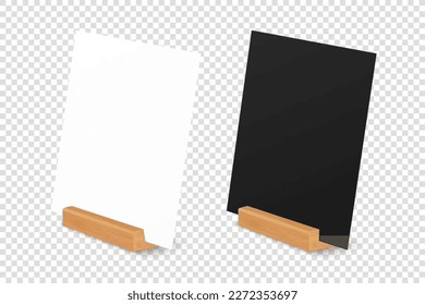 Vector 3d Realistic White and Black A4, A5 Vertical Blank Paper Sheet, Card on Wooden Holder, Stand. Design Template for Mockup, Menu Frame, Booklets. Acrylic Tent Card. Half Turn, Side View