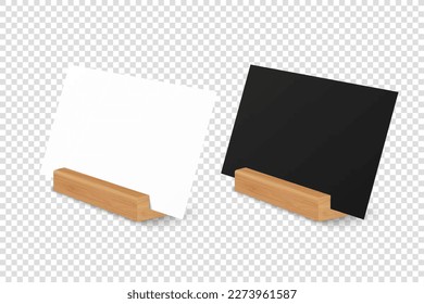 Vector 3d Realistic White and Black Horizontal A4, A5 Blank Paper Sheet, Card on Wooden Holder, Stand. Design Template for Mockup, Menu Frame, Booklets. Acrylic Tent Card. Half Turn, Side View