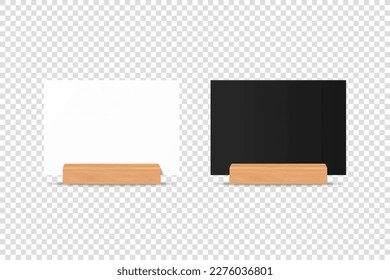 Vector 3d Realistic White and Black Horizontal A4, A5 Blank Paper Sheet, Card on Wooden Holder, Stand. Design Template for Mockup, Menu Frame, Booklets. Acrylic Tent Card. Front View