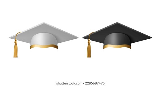 Vector 3d Realistic White and Black Graduate College, High School, University Cap Icon Set Closeup Isolated. Vector Degree Ceremony Hat. Educational Student Symbol, Hat. Front View