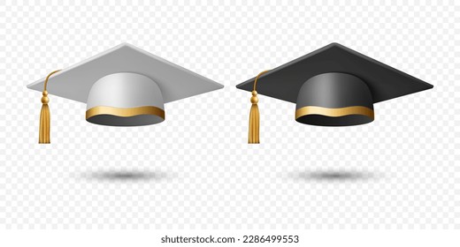 Vector 3d Realistic White and Black Graduate College, High School, University Cap Icon Set Closeup Isolated. Vector Degree Ceremony Hat. Educational Student Symbol, Hat. Front View