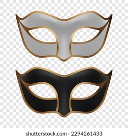 Vector 3d Realistic White, Black and Golden Carnival Face Mask Icon Set CLoseup Isolated. Mask for Party, Masquerade Closeup. Design Template of Mask. Carnival, Party, Secret, Hero, Stranger Concept