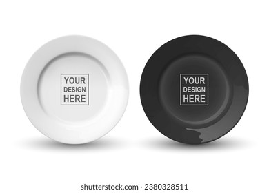 Vector 3d Realistic White and Black Empty Porcelain, Ceramic Plate Icon Set Closeup Isolated. Design Template for Mockup. Stock Vector Illustration. Top, Front View