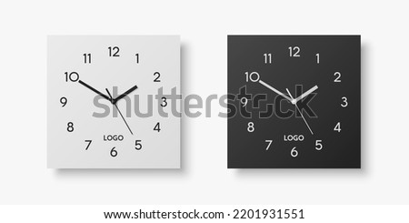 Vector 3d Realistic White, Black Square Wall Office Clock Set, Design Template Isolated on White. Dial with Roman Numerals. Mock-up of Wall Clock for Branding and Advertise Isolated. Clock Face Design