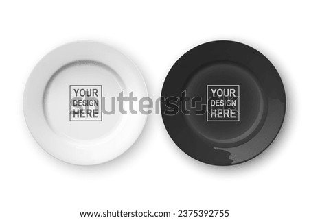 Vector 3d Realistic White and Black Empty Porcelain, Ceramic Plate Icon Set Closeup Isolated. Design Template for Mockup. Stock Vector Illustration. Top, Front View