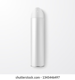 Vector 3d Realistic White Blank Spray Can, Air Freshener Bottle Closeup Isolated on White Background. Design Template of Sprayer for Mock up, Package, Hairspray, Deodorant. Top View