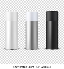 Vector 3d Realistic White Blank Spray Can, bottle Icon Set Closeup Isolated on Transparent Background. Design Template of Sprayer Can for Mock up, Package, Advertising, Hairspray, Deodorant etc