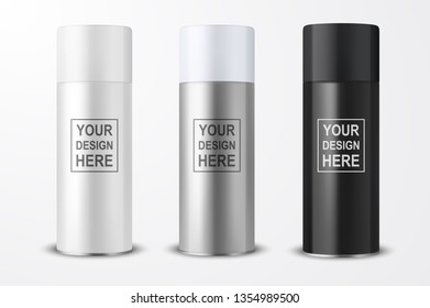 Vector 3d Realistic White Blank Spray Can, bottle Icon Set Closeup Isolated on White Background. Design Template of Sprayer Can for Mock up, Package, Advertising, Hairspray, Deodorant etc