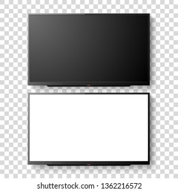 Vector 3d Realistic White Blank TV Screen Set. Modern LCD LED Panel Set Closeup Isolated on Transparent Background. Design Template of Large Computer Monitor Display for Mockup