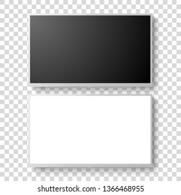 Vector 3d Realistic White Blank TV Screen Set. Modern LCD LED Panel Set Closeup Isolated on Transparent Background. Design Template of Large Computer Monitor Display for Mockup