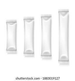 Vector 3d Realistic White Blank Packaging Icon Set Closeup Isolated on White Background. Coffee, Tea, Salt, Sugar, Spices Wrapper, Sachet. Design Template of Packing for Mockup. Top View