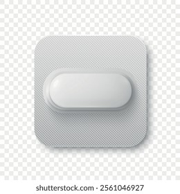 Vector 3d Realistic White Blank Pharmaceutical Medical Pill, Capsule in a Foil Blister Closeup. Pill in Blister Packaging Design Template. Front or Top View. Medicine Design Template, Health Concept