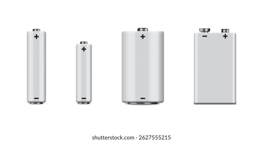 Vektor 3D Realistisch Weiß Leer Alkaline Batterie Symbol Set Nahaufnahme einzeln auf weißem Hintergrund. Vektorgrafik