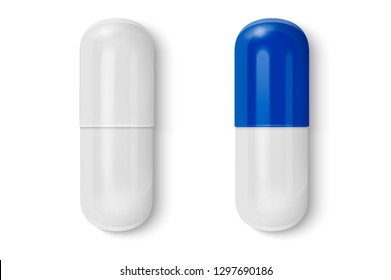 Vector 3d Realistic White and Blue Medical Pill Icon Set Closeup Isolated on White Background. Design template of Pills, Capsules for graphics, Mockup. Medical and Healthcare Concept. Top View