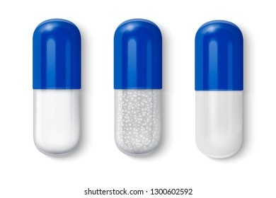 Vector 3d Realistic White and Blue Medical Pill Icon Set Closeup Isolated on White Background. Design template of Pills, Capsules for graphics, Mockup. Medical and Healthcare Concept. Top View