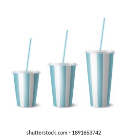 Vector 3d Blanco Realista, Papel Azul A Rayas Desechable Set, Tapa, Paja. Bebidas, Bebidas, Café, refrescos, Té, Cóctel, Milkshake. Plantilla de diseño de empaquetado para la mezcla. Vista frontal, aislada