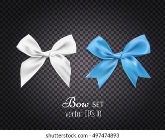 Vector 3d Realistic White and blue bows set on dark transparent background .Elegant Element for design, decoration. Banner, poster, print, presentation, business card, invitation, greeting card object