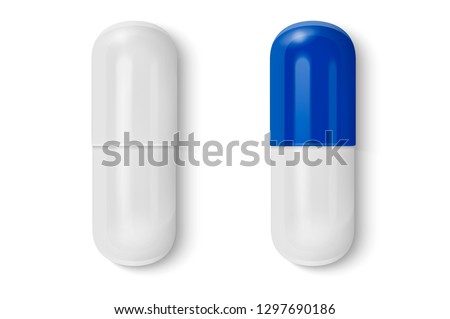 Vector 3d Realistic White and Blue Medical Pill Icon Set Closeup Isolated on White Background. Design template of Pills, Capsules for graphics, Mockup. Medical and Healthcare Concept. Top View