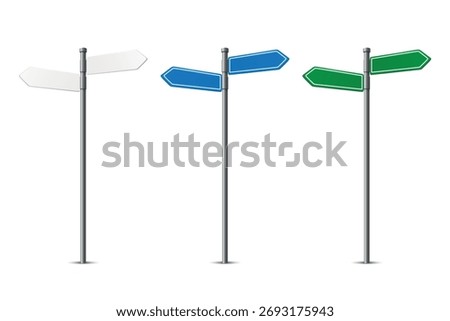 Vector 3d Realistic White, Blue and Green Direction Signpost with Two Blank Arrows Isolated. Street Road Guide Pointer. Signpost Design Template, Front View