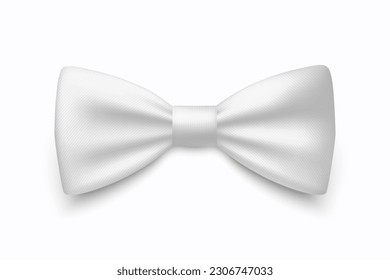 Vector 3d Realistic White Bow Tie Icon Closeup Isolated on White Background. Silk Glossy Striped Bowtie, Tie Gentleman. Mockup, Design Template. Bow tie for Man. Mens Fashion, Fathers Day Holiday