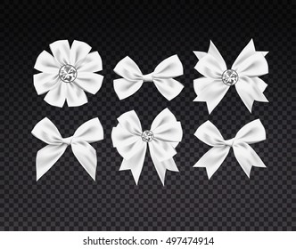 Vector 3d Realistic White bows set on dark transparent background. Design decoration Element. Different forms and shapes. Banner poster print presentation business card invitation greeting card object